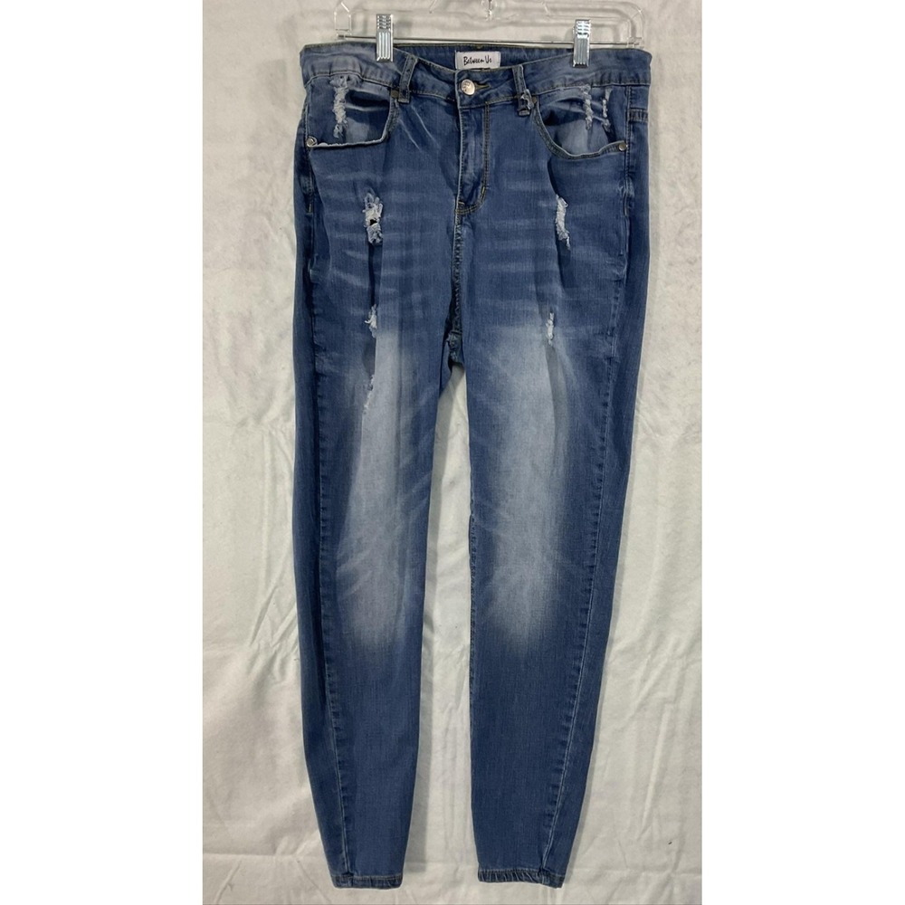 Between Us Jeans Womens 14 Blue Medium Wash High Rise Distressed Skinny Stretch